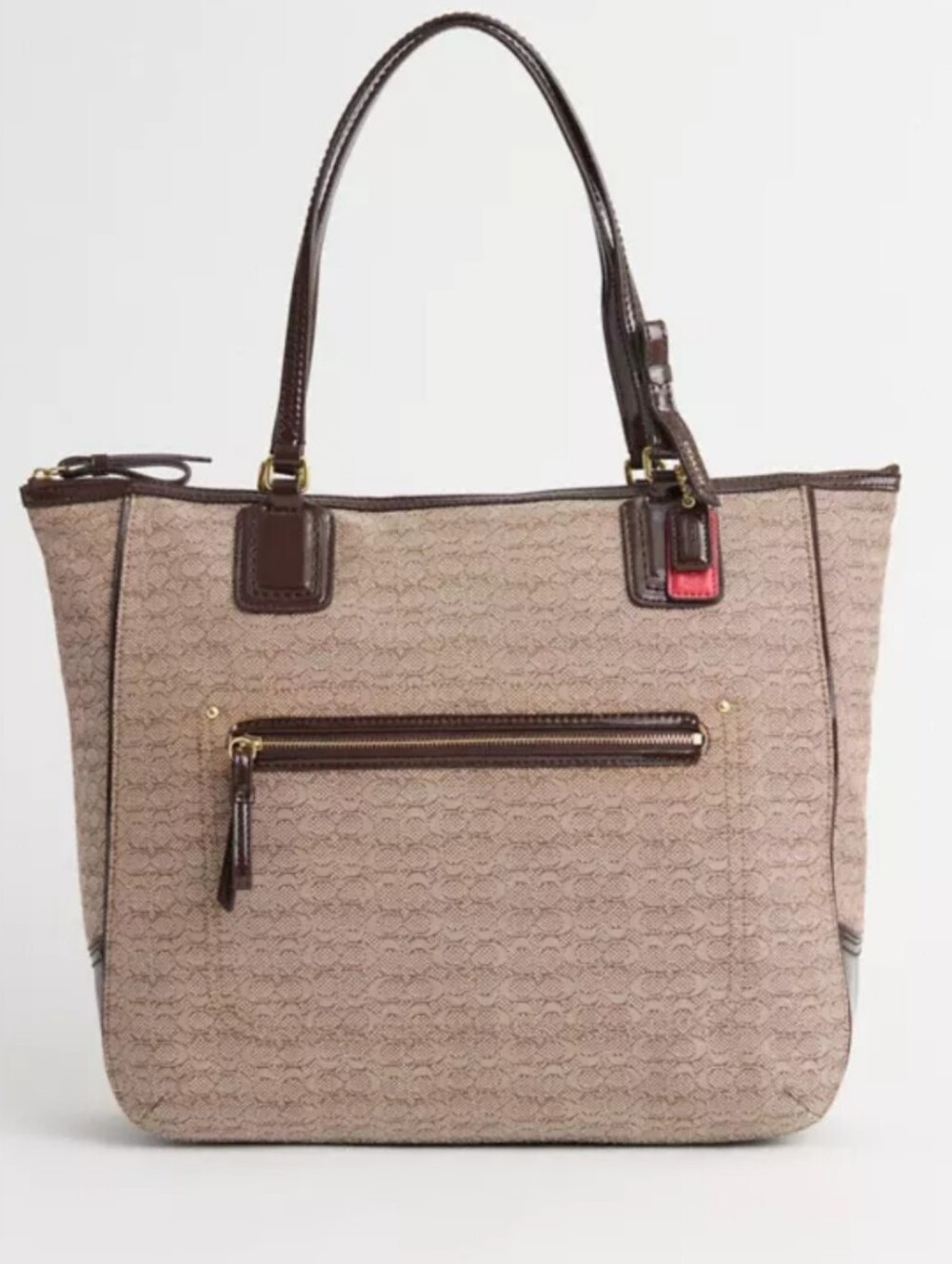 Coach Signature Poppy Oxford Tote Y2k Jaquard Patent Leather Tan Brown Coral